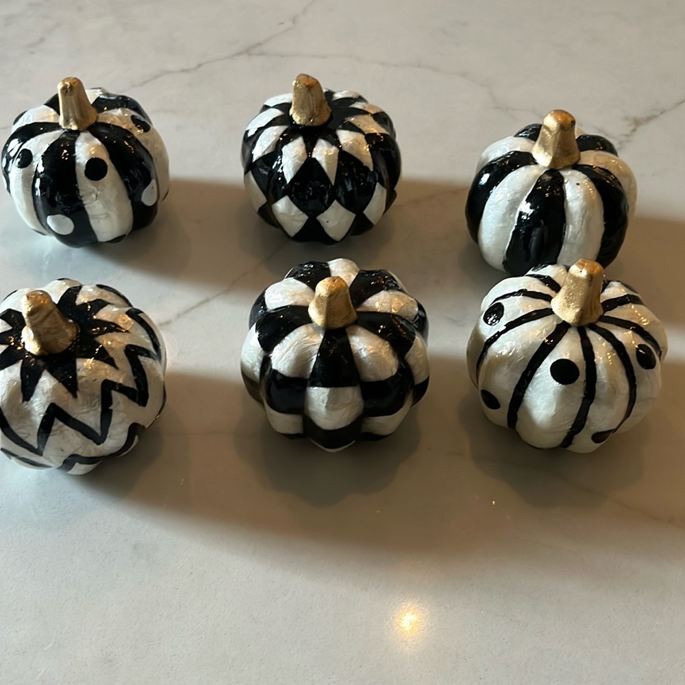 Set of 6 MacKenzie Child’s pumpkins.  New in box